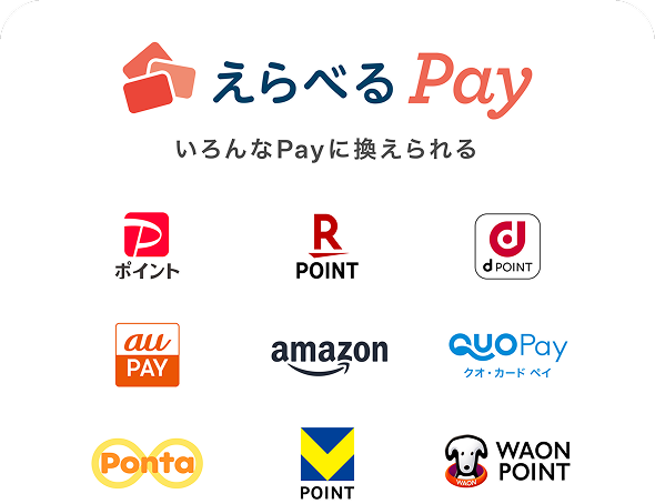 えらべるPay：いろんなPayに換えられる（PayPayポイント、楽天ポイント、dポイント、au PAY、amazon、QUO Payカード、Ponta、V POINT、WAON POINT）